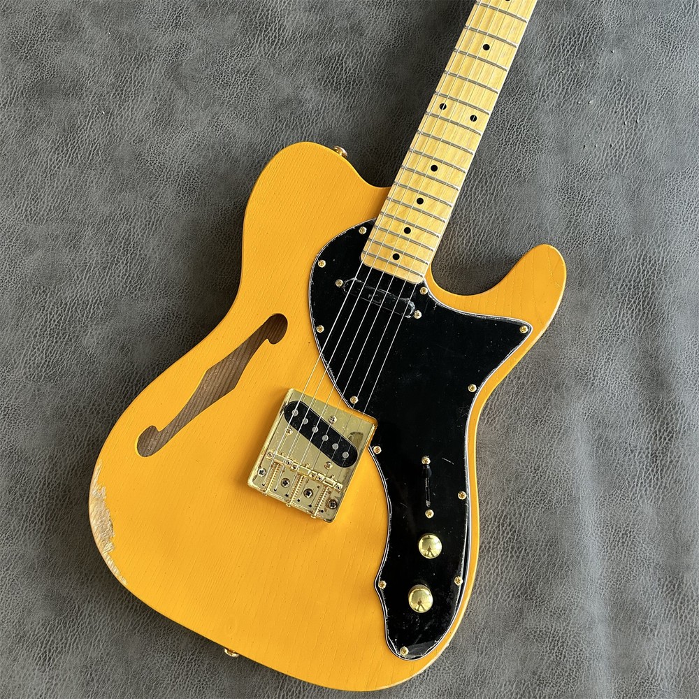 Custom Vintage Yellow Semi-Hollow Electric Guitar with SS Pickups & Maple Neck