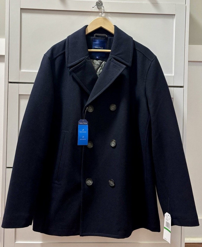 NEW Nautica Performance Men’s Dark Navy Peacoat, Wool Blend, Size Large, $250