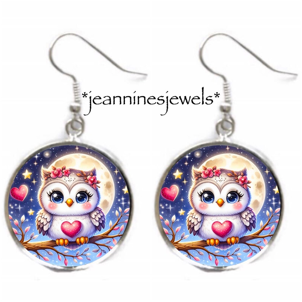 OWL Full Moon Valentines Day Gift EARRINGS Bird Lover Gift Silver Charm Dangle