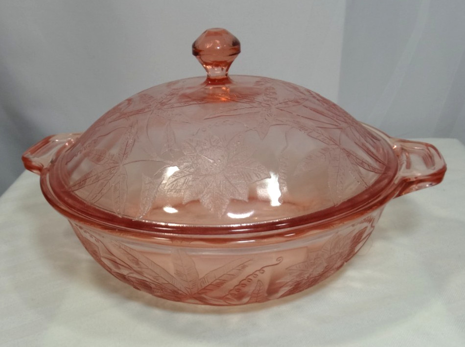 Jeannette Pink Depression Casserole Dish Glass Floral Poinsettia Pattern Vintage