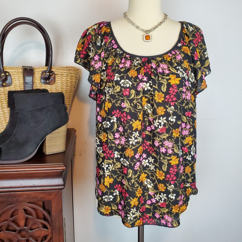 Philosophy Black Pink Green Yellow Floral Flowy Flutter Sleeve Pull-On Top Sz XS