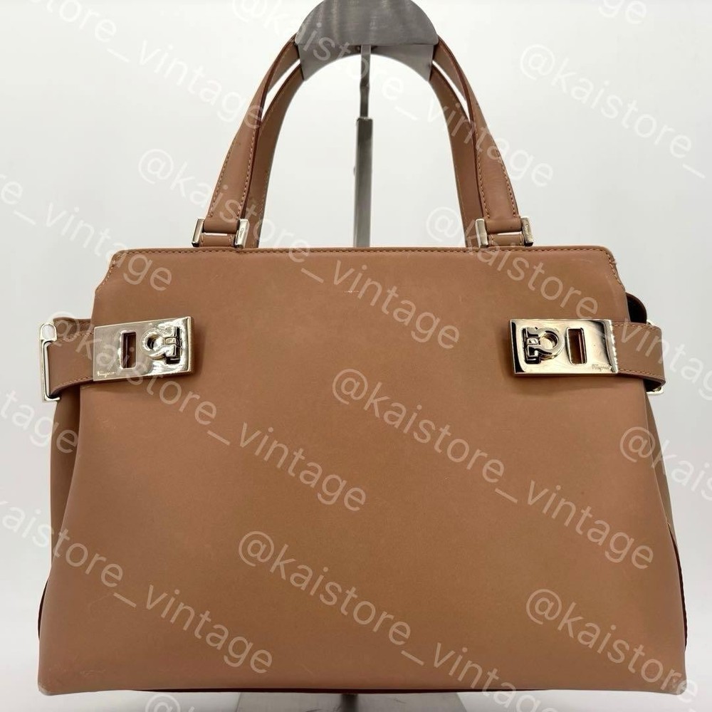 Salvatore Ferragamo Handbag Beige Gancini Leather Authentic From Japan