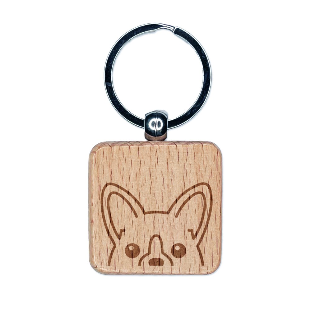 Corgi Dog Wooden Square Keychain Charm with Engraved Design