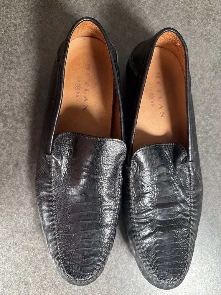 Vintage Mezlan Platinum Genuine Lizard Black Men's Shoes Loafers Size 12