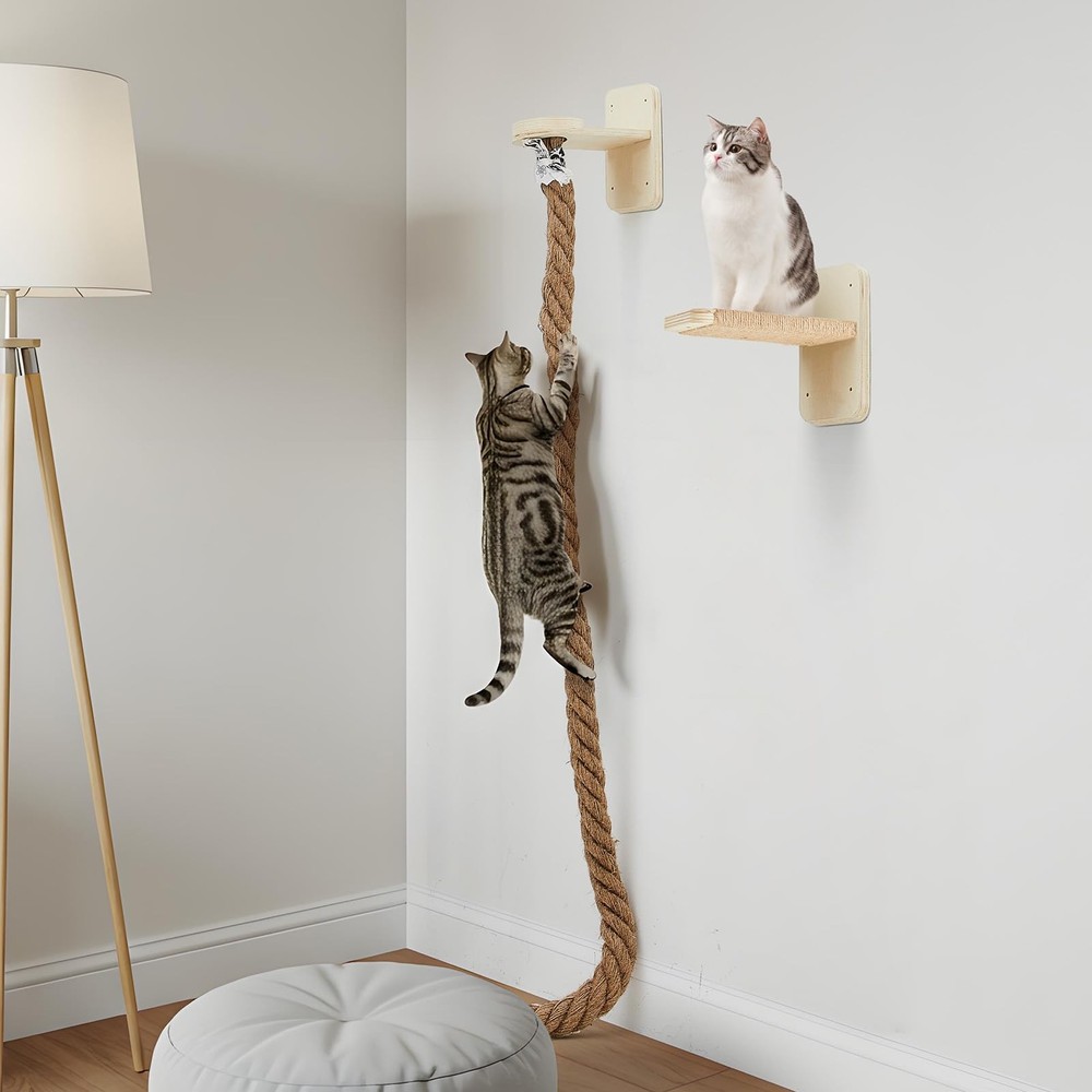 Tall Wall-Mounted Cat Tree with Dual 59-Inch Climbing Ropes & Play Tower