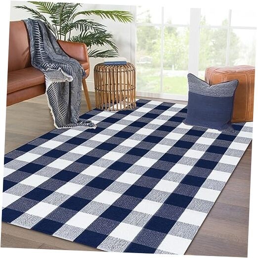 Buffalo Plaid Area Rug 4 x 6 Ft Navy and White Checkered Rug Washable Outdoor