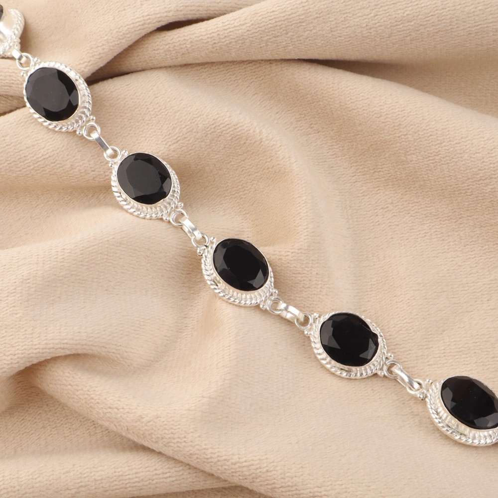 Anniversary Gift For Her Natural Black Onyx Gemstone Chain Bracelet 925 Silver