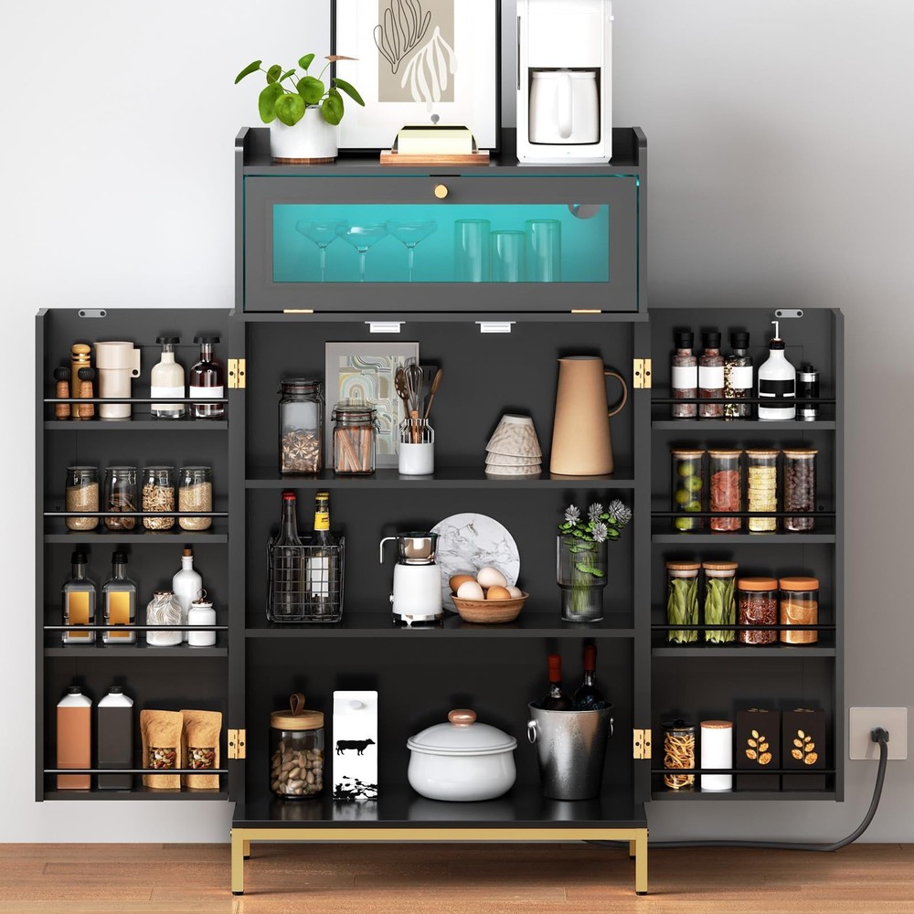 HOOBRO Pantry Cabinet with Charging Station LED Light and Storage