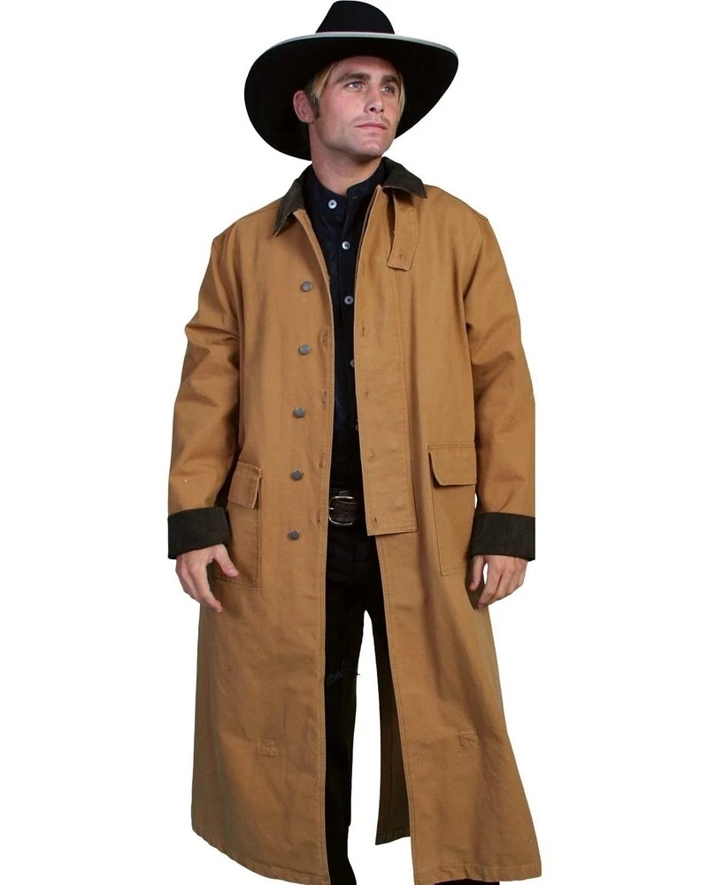 MENS TAN BROWN WESTERN OLD WEST COWBOY SCULLY LONG DUSTER COTTON BIKER COAT