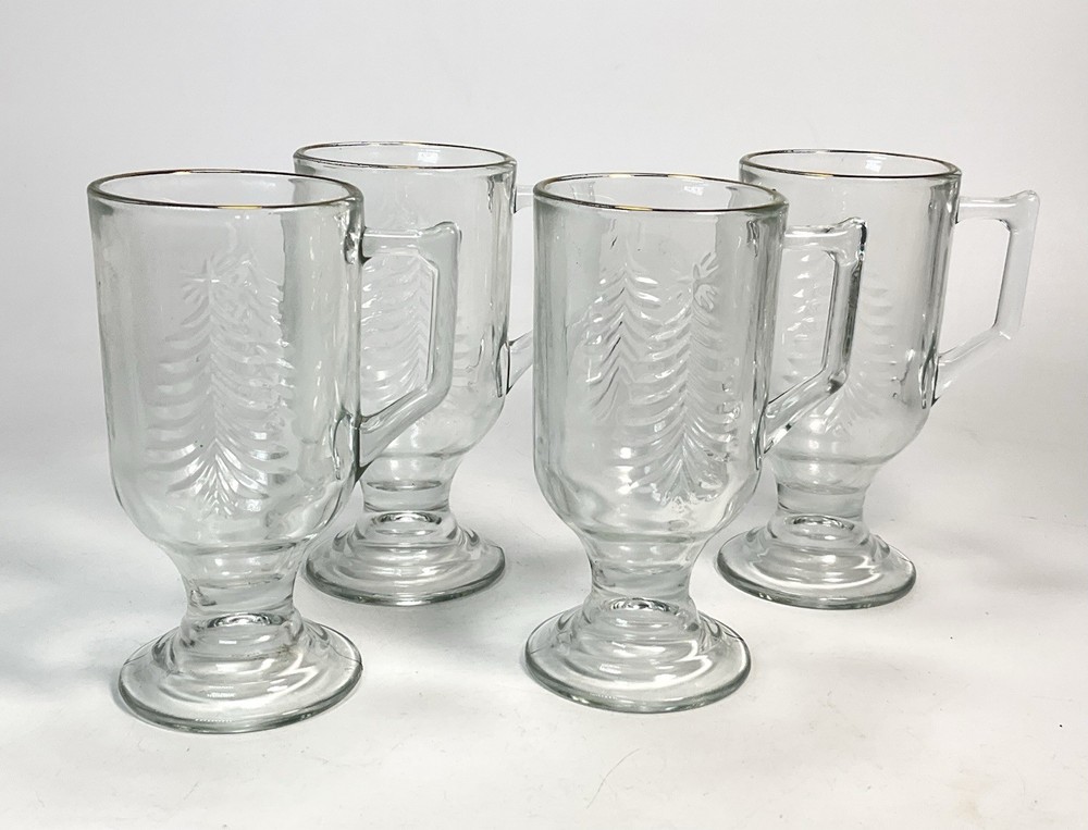 4 Vintage Irish Coffee Pedestal Coffee Mugs Embossed Christmas Trees Gold Rim