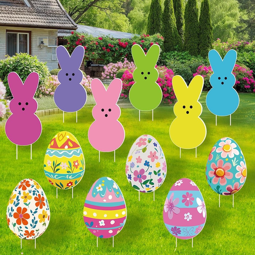 12PCS Easter Yard Outdoor Decorations- Easter Bunny Eggs Yard Signs Decoration w