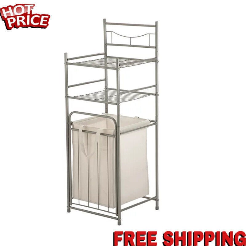 2-Tier Steel Storage Shelf Unit with Hamper for Bathroom or Laundry Room