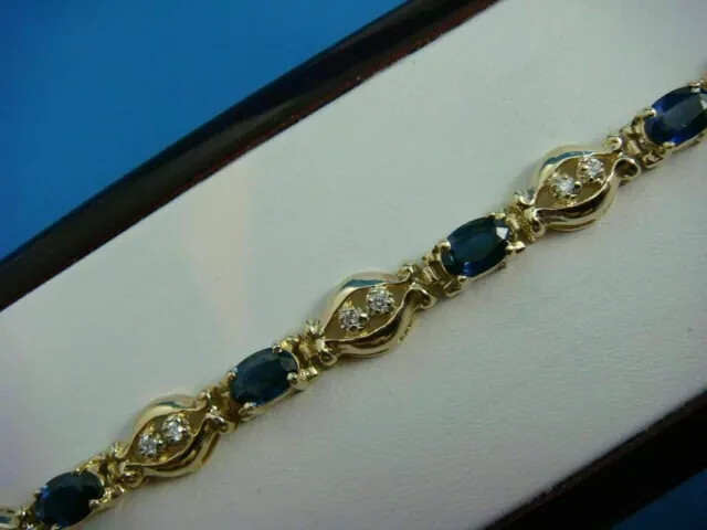 14K Yellow Gold Plated Oval Blue Sapphire Tennis Bracelet for Women 7.5 Inch