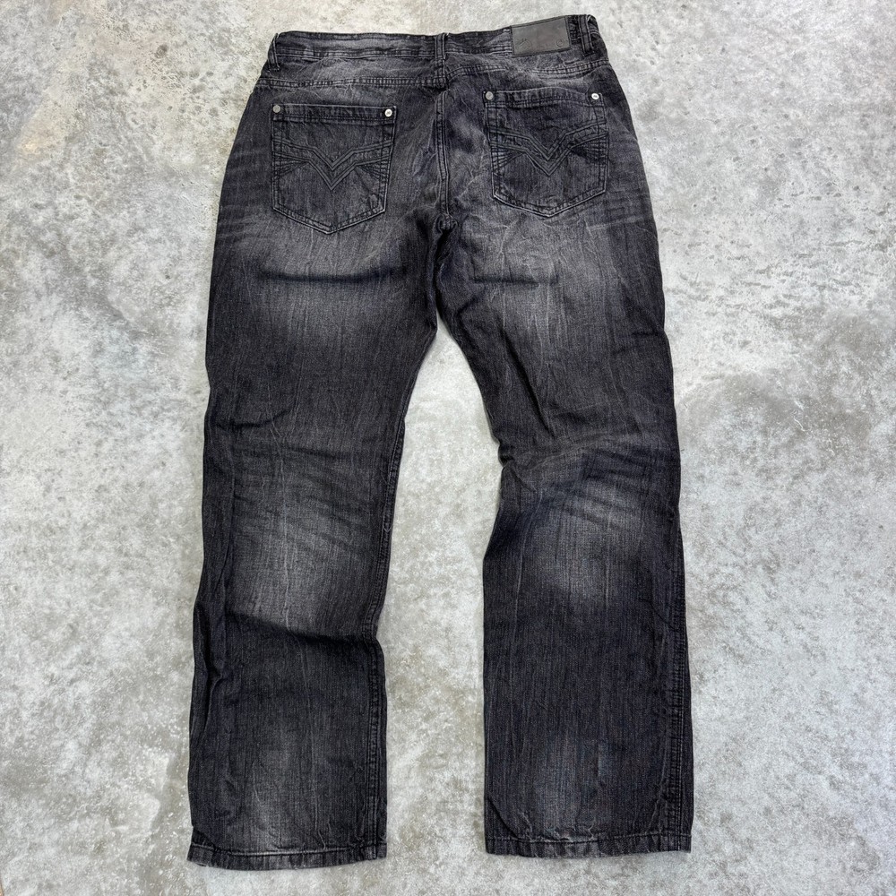 Vintage Y2K Baggy Grunge Embroidered Black Jeans 36x32 Hip-Hop Wide Leg