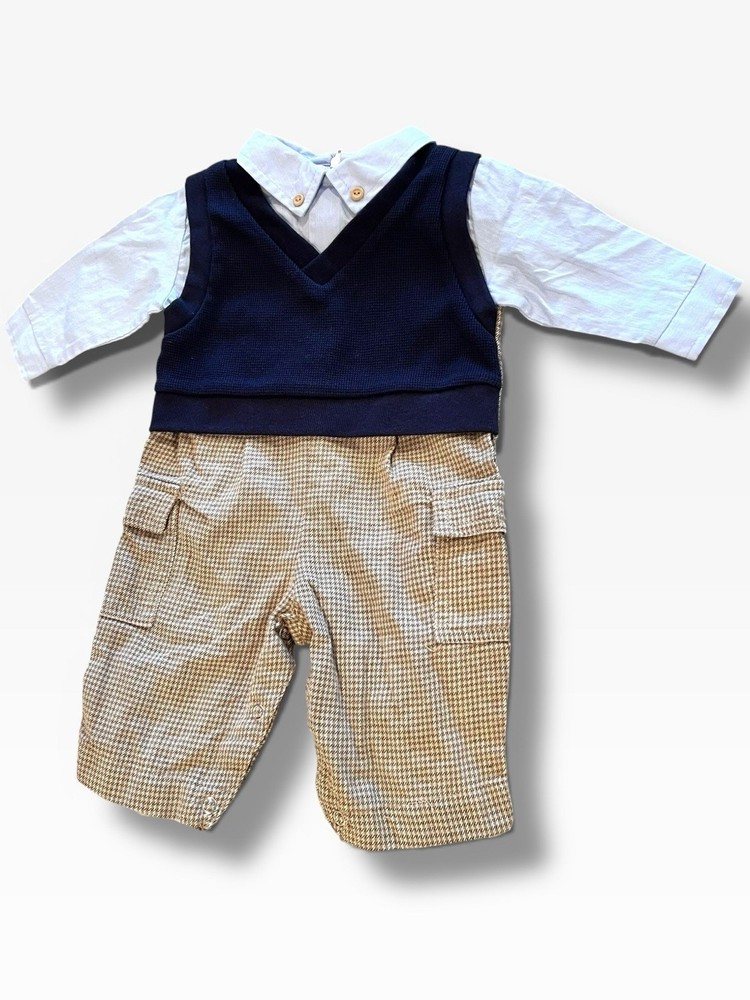 vtg baby boys 3-6 months 1pc suit vest houndstooth bottoms blue Top Romper A-8