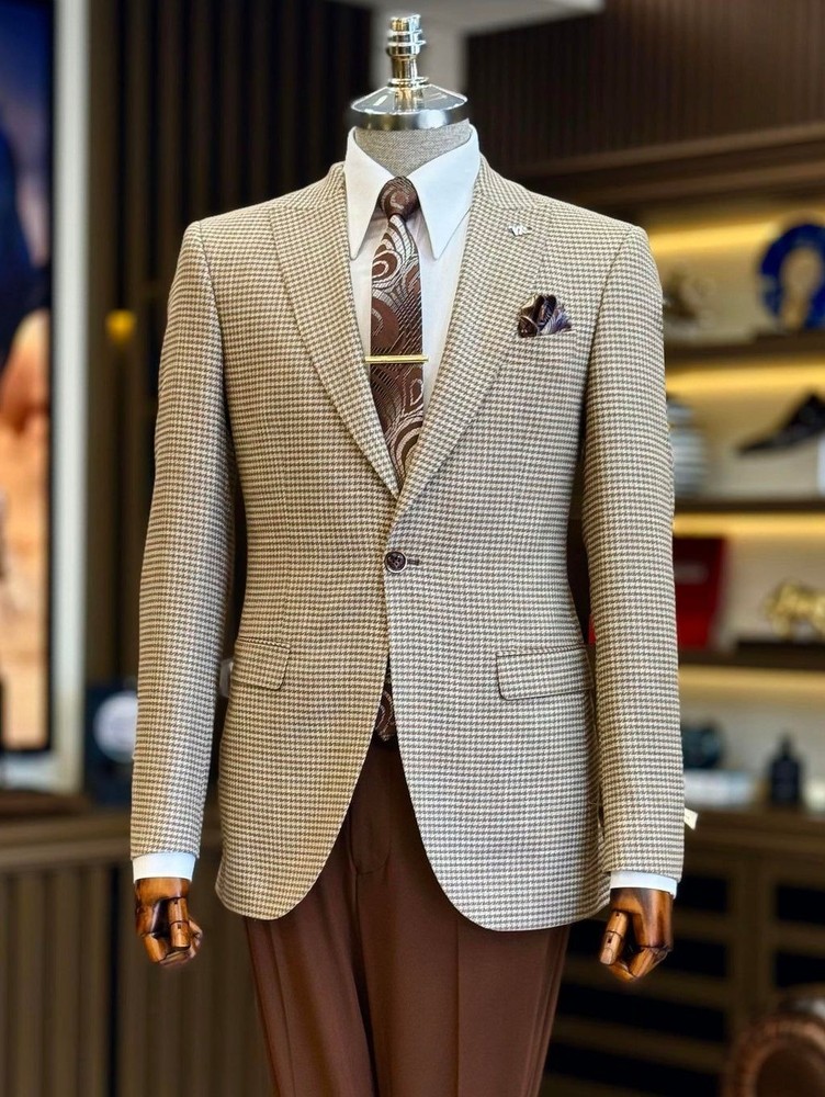 Men's Brown Houndstooth Checkered Blazer for Groom Prom or Leisure