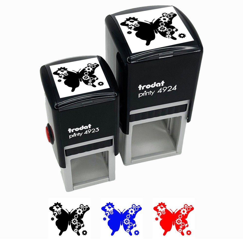 Butterfly Silhouette With Steampunk Gears Self-Inking Rubber Stamp Ink Stamper