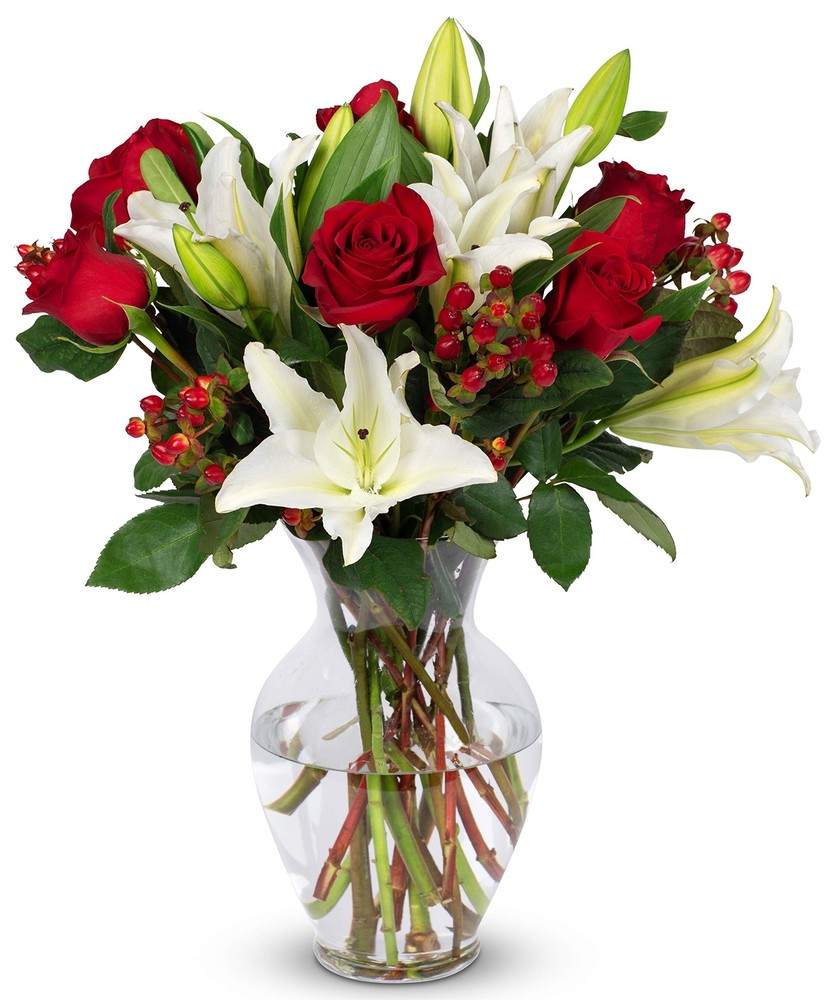 , Red Elegance, Glass Vase Included, Gift Fresh Flowers for Christmas, Holida...