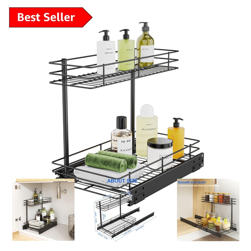 Space-Saving Slide-Out Storage Shelf, 2-Tier Under Sink Organizer in Matte Black