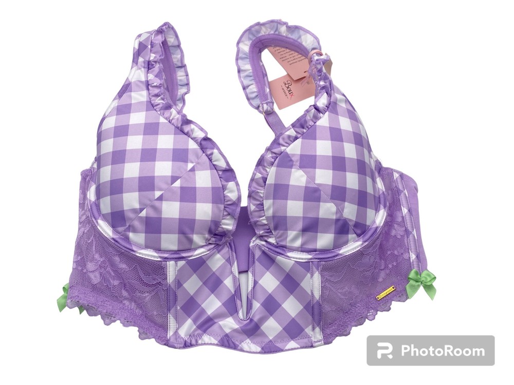 Boux Avenue White Purple Checkered Bra Green Ribbons 34C