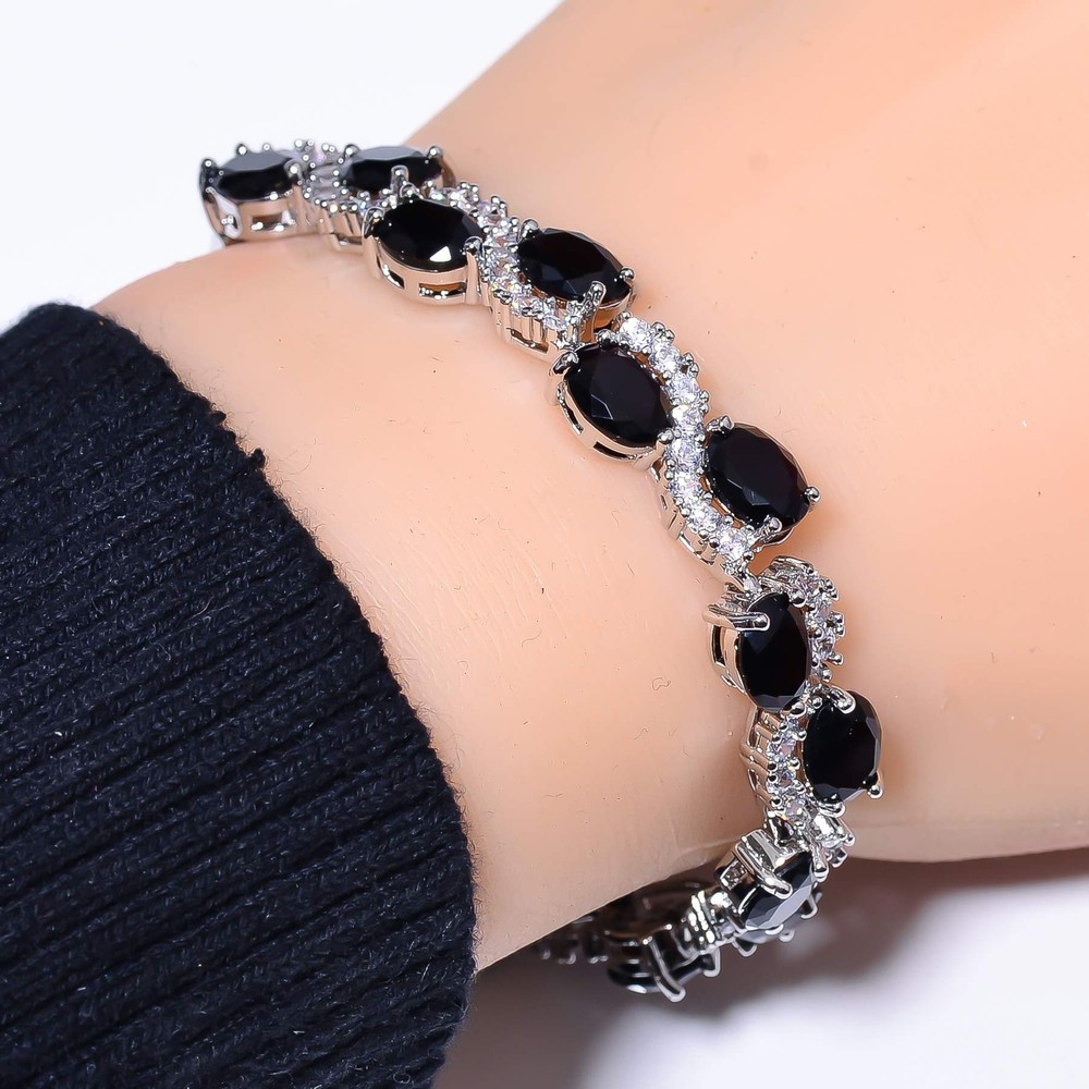 Black Onyx & Cubic Zirconia 925 Sterling Silver Tennis Bracelet 7.99