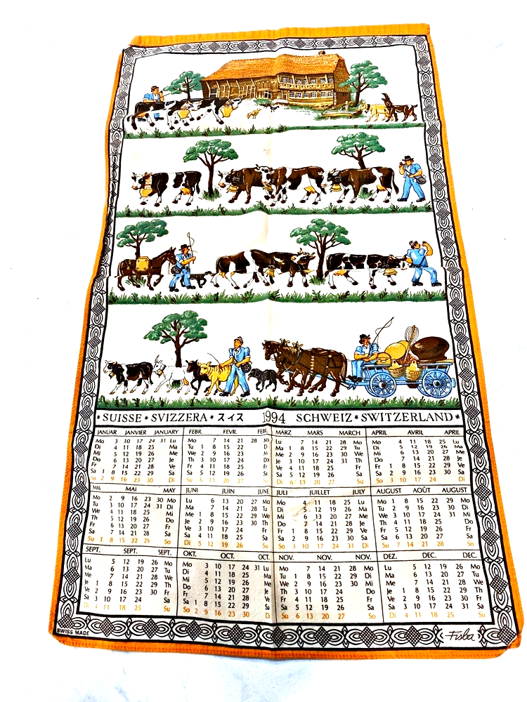 Fisba Tea Dish Towel Farm Animals Cows 1994 Vintage Swiss Calendar