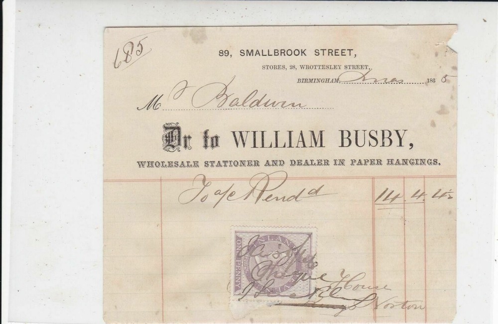 Rare 1865 Mr Baldwin Stamp Receipt to William Busby Wholesaler Ref 33142