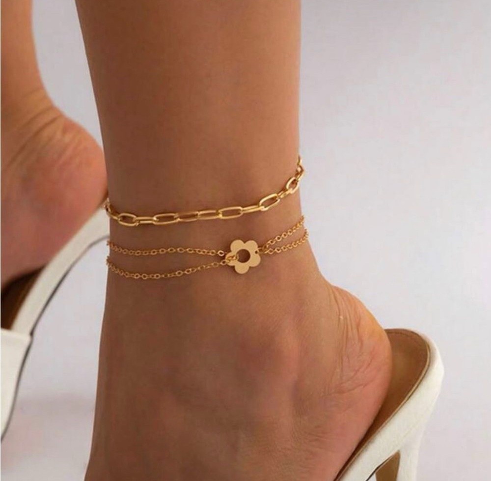 Gold Plated Stainless Steel 2pc Flower Pendant Chain Anklet Set