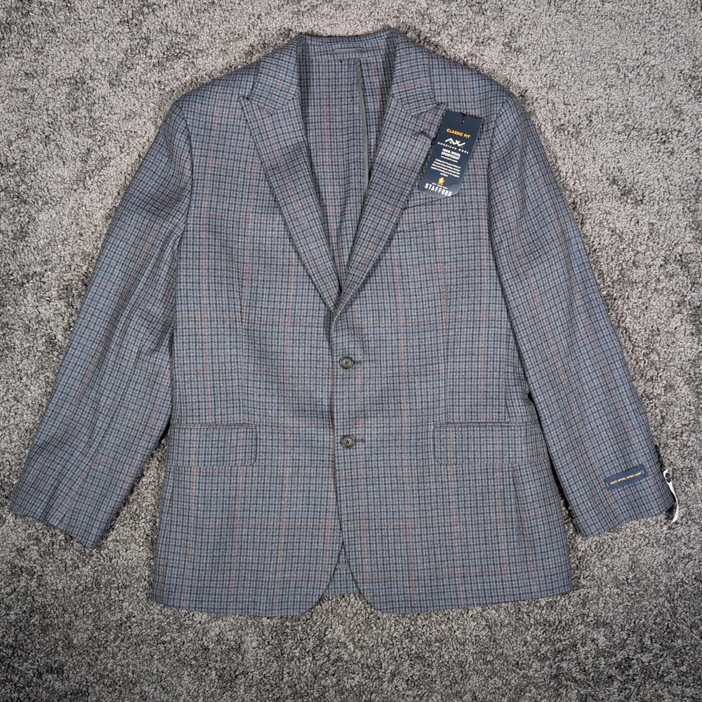 Stafford 100% Wool Sport Coat Men's 44 Reg Gray Gun Club Check Lined Jacket NWT