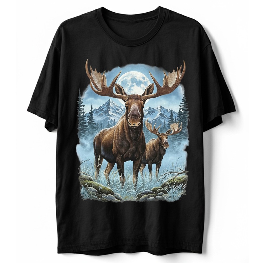 Moose T-Shirt Bull Moose Mountain Moon Wildlife Alaska Nature Lover Gift Tee