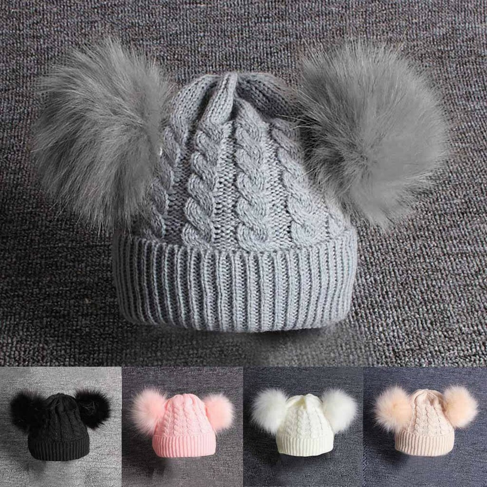 Baby Double Pom Pom Hat 2 Bobble Beanie Knitted Winter Warm Boy Girl Newborn Hat