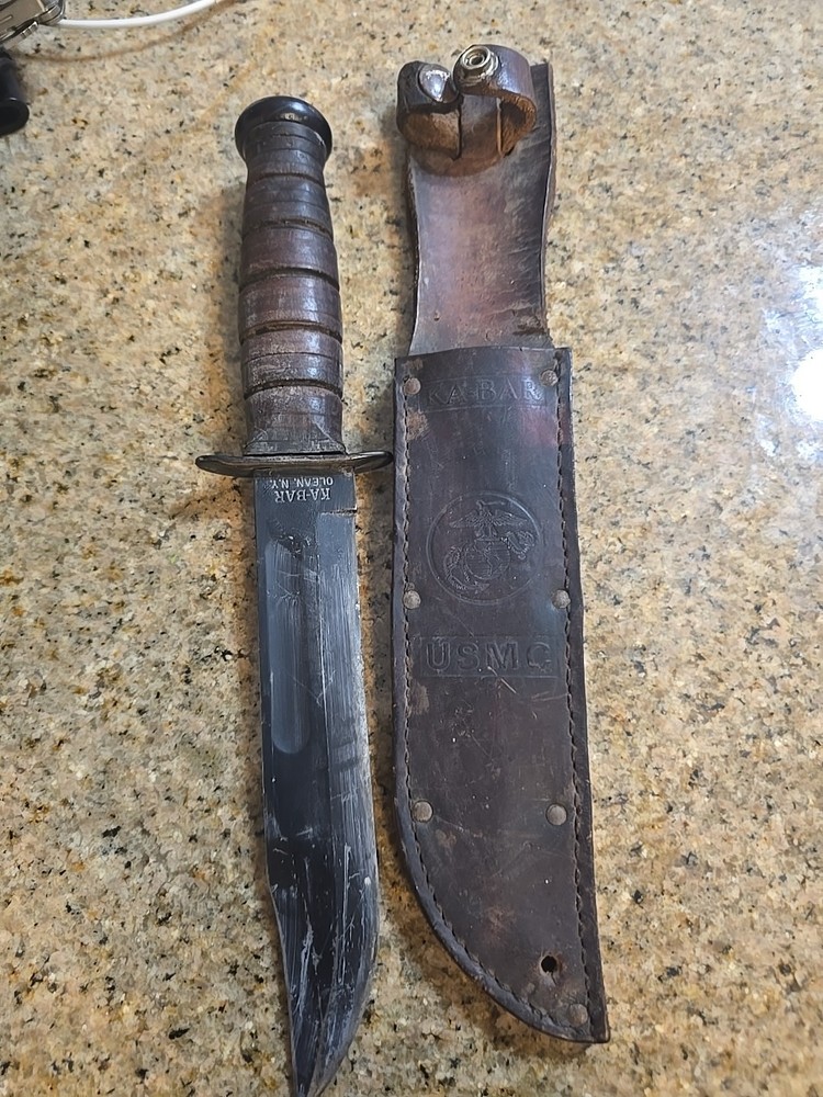 USMC Kabar Fighting Combat Knife with KA-BAR Leather Sheath Olean N.Y. Vintage
