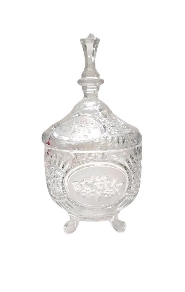 Vintage Crystal Frost Etched Three Footed Floral Candy Dish with Steeple Lid