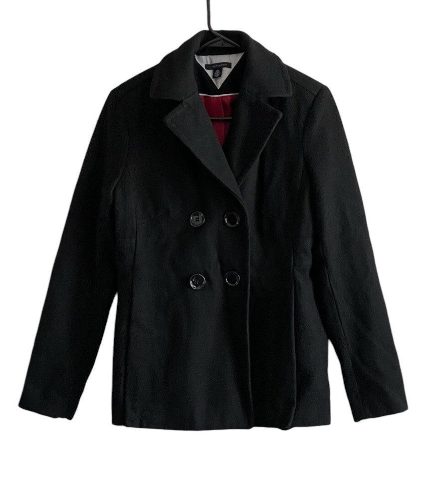 Tommy Hilfiger 90s Y2K Black Wool Blend Double-Breasted Pea Coat Size Small Short