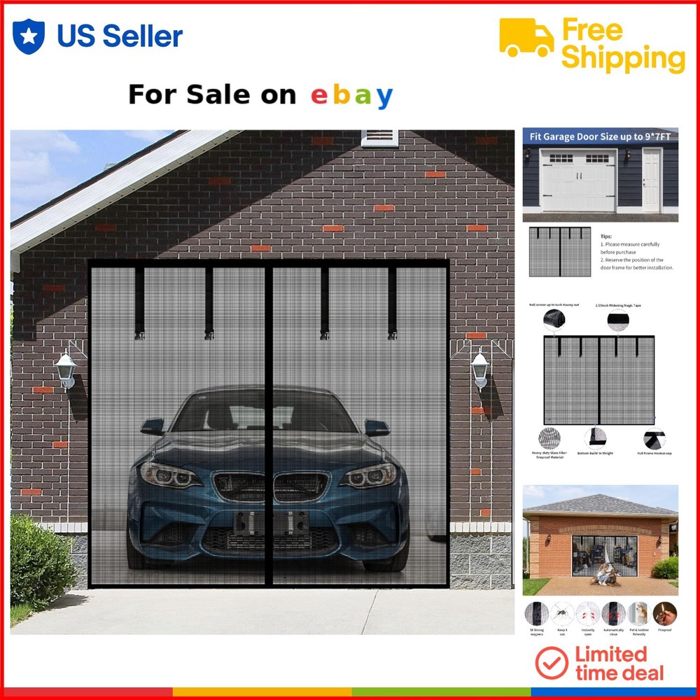 Magnetic Fiberglass Garage Screen Door 9x7FT Hands-Free Auto Close Breathable Mesh
