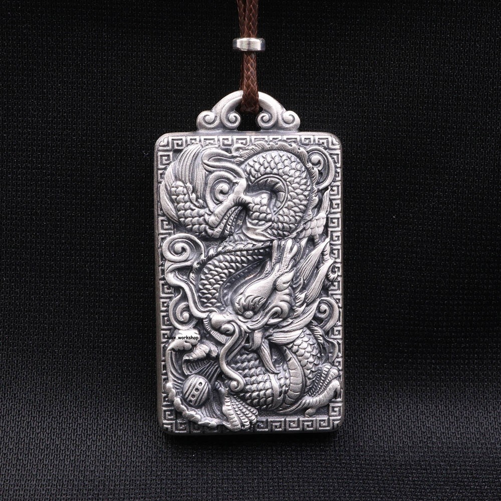 Real 999 Fine Silver Lucky Dragon Auspicious Clouds Rectangle Pendant 1.97''H