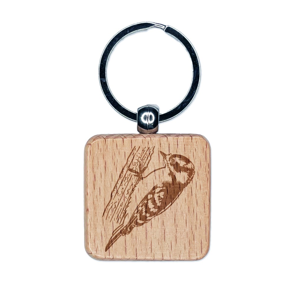 Dulce Suave Suave Pájaro Carpintero Grabado Madera Cuadrado Llavero Etiqueta Dije