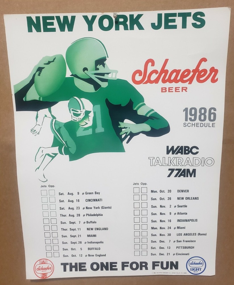 Vintage 1986 New York Jets Schaefer Beer WABC 77AM Schedule Cardboard