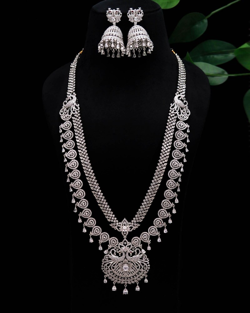 18K White Gold Plated Temple Necklace Jhumka Earrings Set, Traditional Jewelry