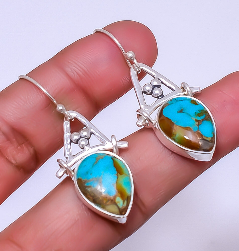 Copper Blue Turquoise Designer Handmade 925 Sterling Silver Earring 1.64