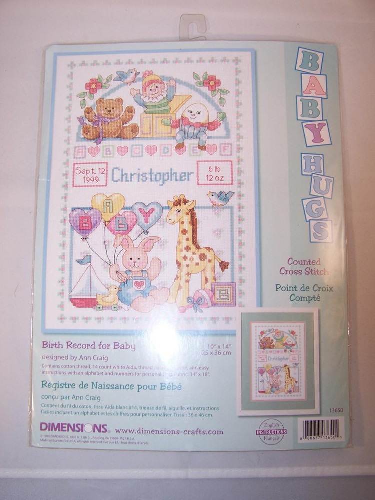 New Sealed Dimensions Baby Hug Birth Record Cross Stitch Kit #13650