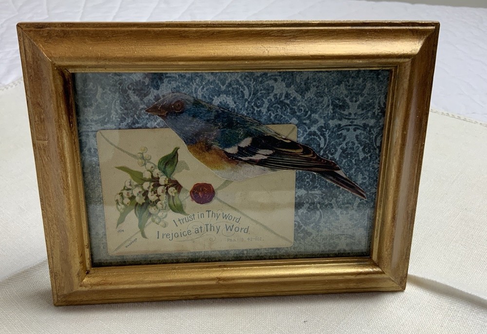 Antique Framed Victorian Ephemera, Bird, Small Envelope With Flowers, Rejoice