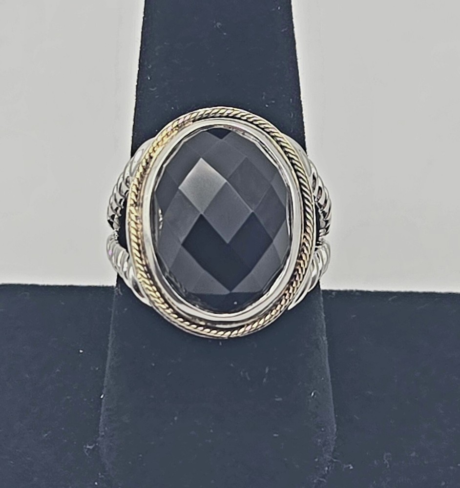 Greg Anthony Byzantine Faceted Onyx Sterling Silver & 18K Gold Ring Size 8
