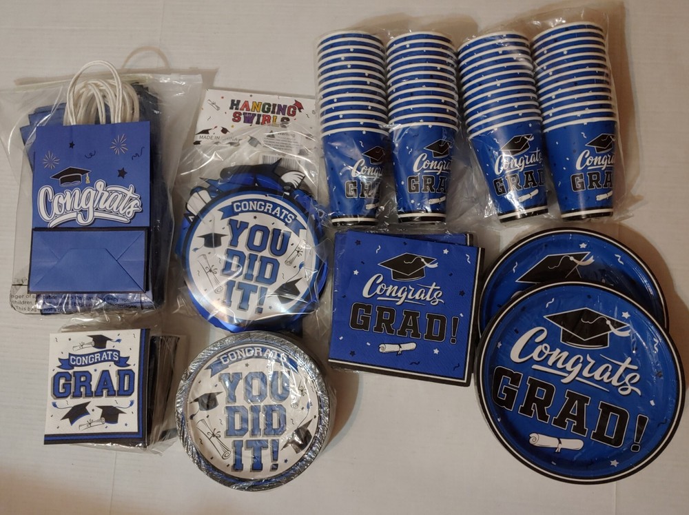 FREE Blue Graduation Party Paper goods Any Year Serves 50 & Extras Total 277 New-image