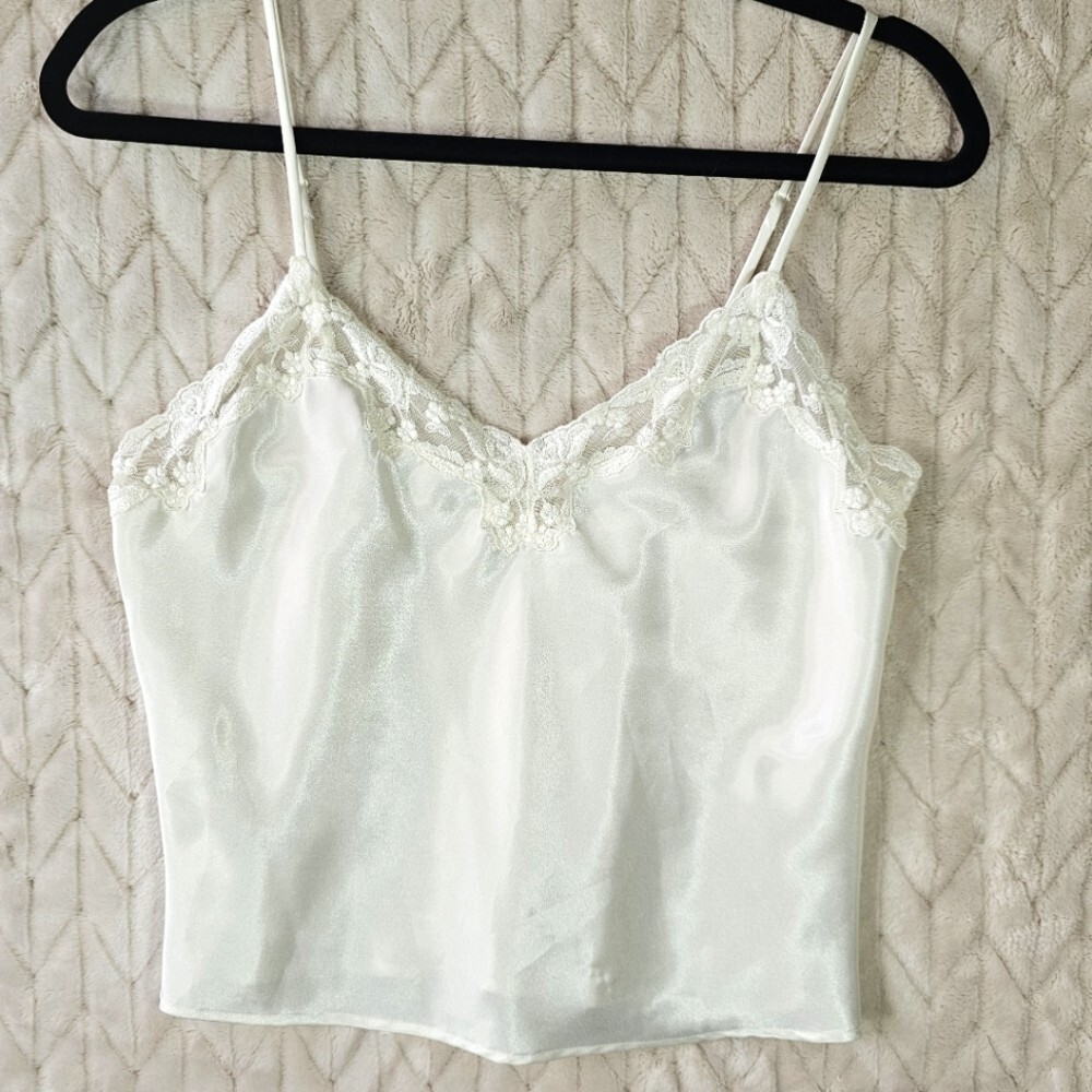 Vintage Victorias Secret Slip Tank M Satin Lace Trim Ivory Coquette Feminine