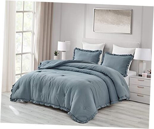 Nora 3-Piece Ruffled Edge Trim Soft Washed King Dusty Blue, Ruffled Edge