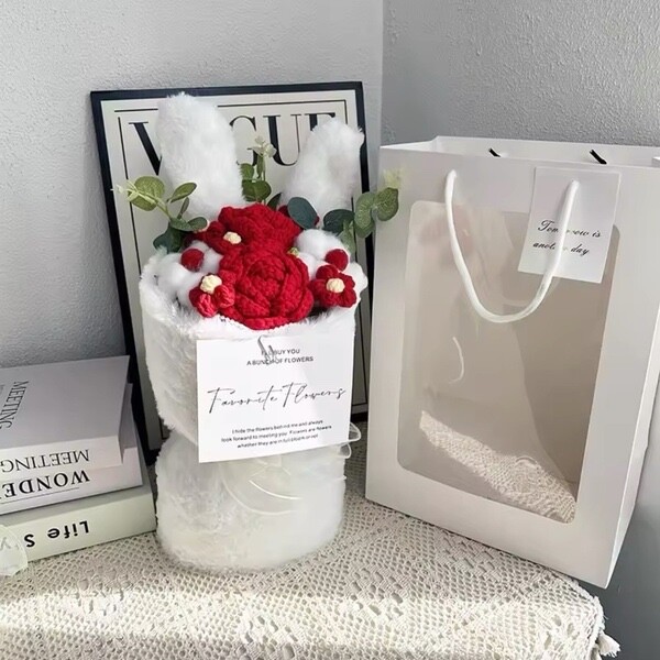 Ramo de flores de ganchillo, día de San Valentín, pareja, orejas de conejo crochet flores boq