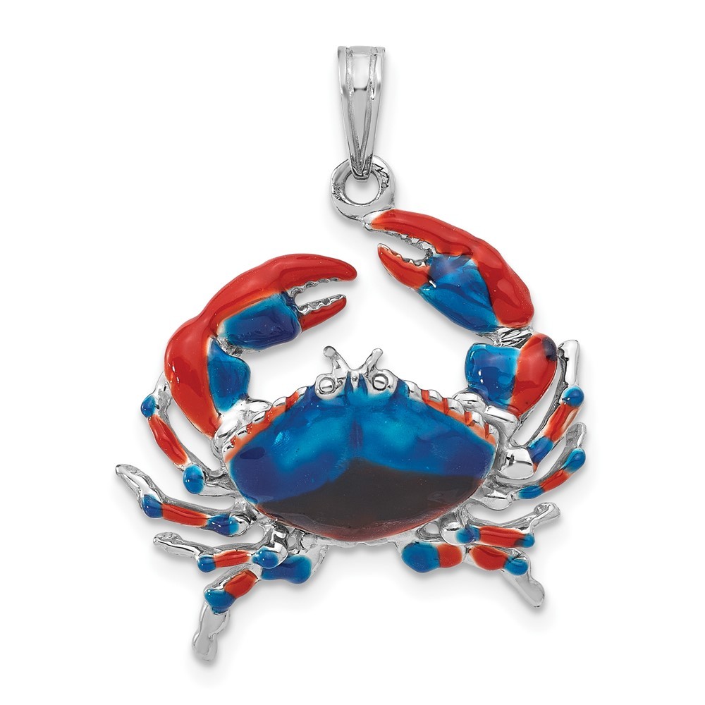 925 Sterling Silver Rhodium-Plated Polished Enameled Blue Stone Crab Pendant