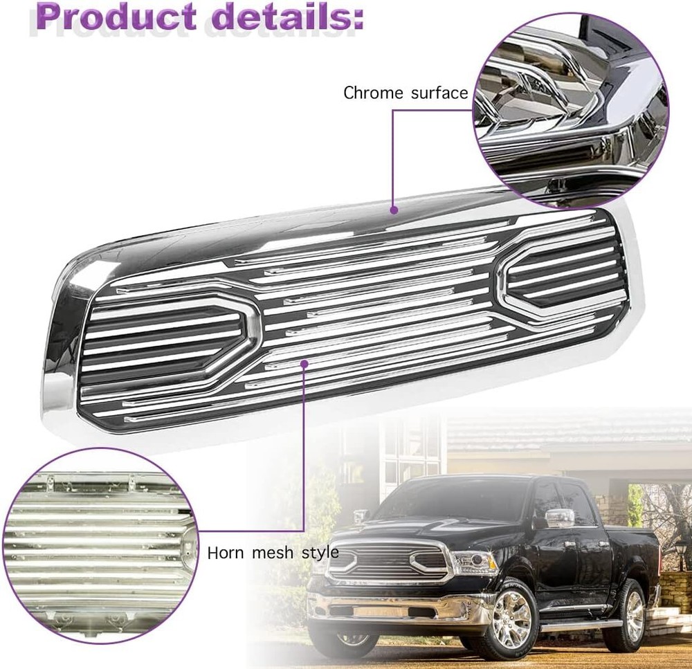 For Dodge Ram 1500 2013-2018 Front Upper Bumper Chrome Grille