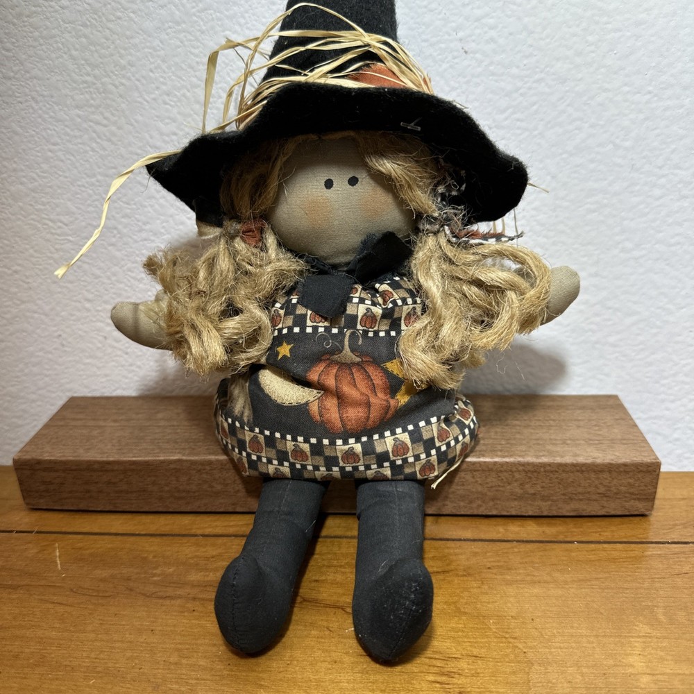 Vintage Cloth Witch Rag Doll Shelf Sitter Halloween Decor Handmade 14”